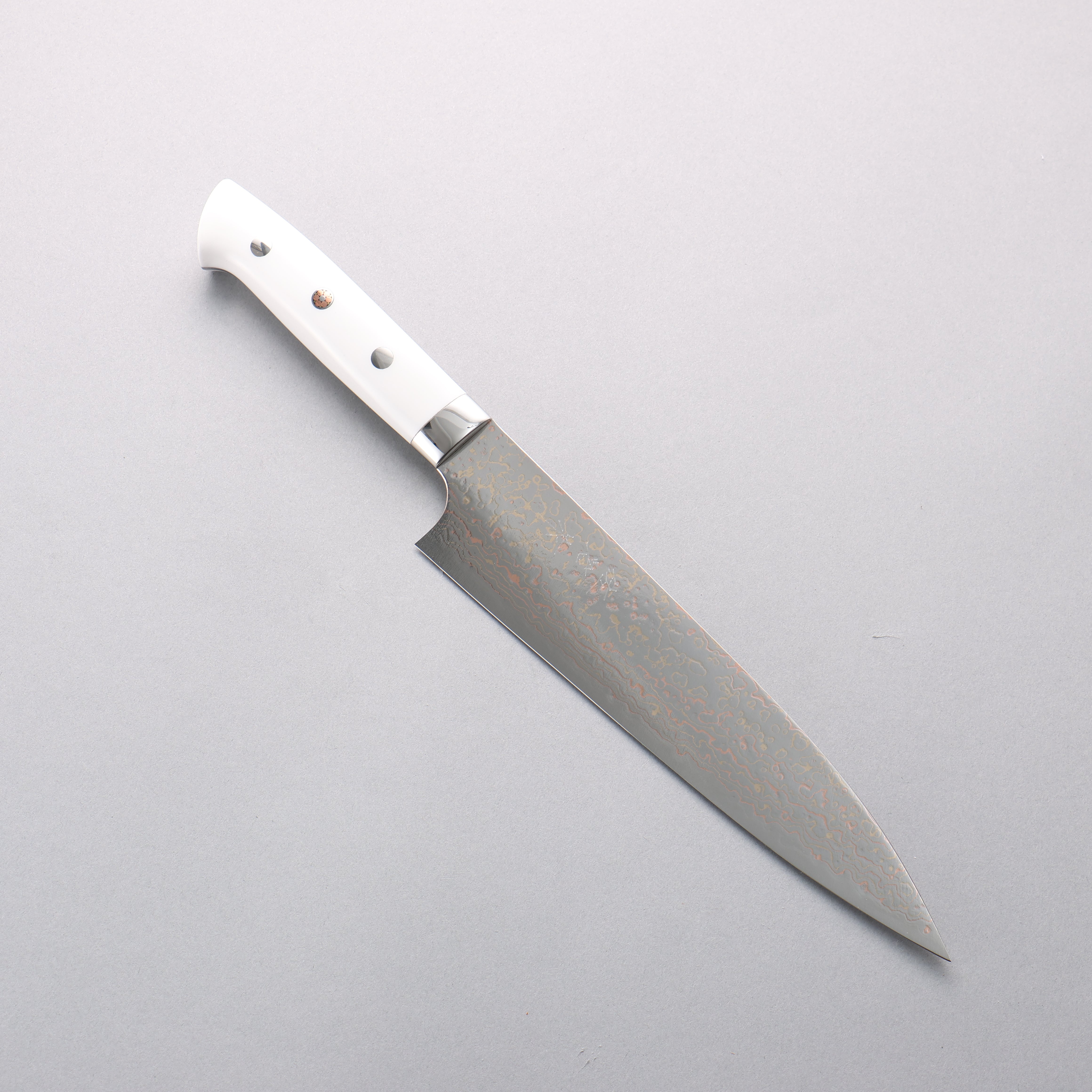 Takeshi Saji VG10w Colored Damascus Migaki Finished Gyuto 210mm White Corian Handle - Seisuke Knife