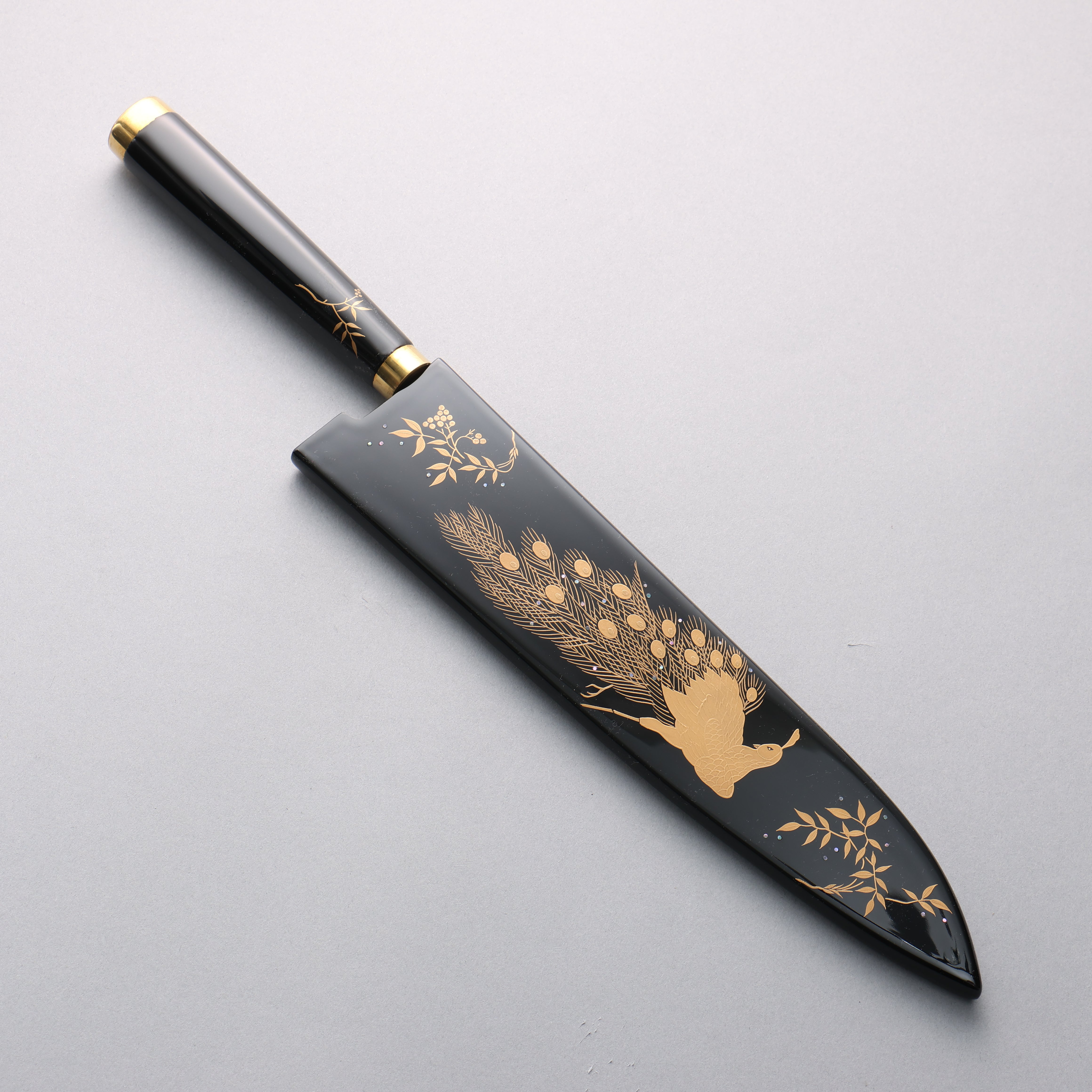 Takeshi Saji Maki-e Art Peacock SG2 Diamond Finish Gyuto 240mm Wood(Lacquered) Handle with Sheath - Seisuke Knife