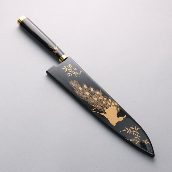 Takeshi Saji Maki-e Art Peacock SG2 Diamond Finish Gyuto 240mm Wood(Lacquered) Handle with Sheath - Seisuke Knife