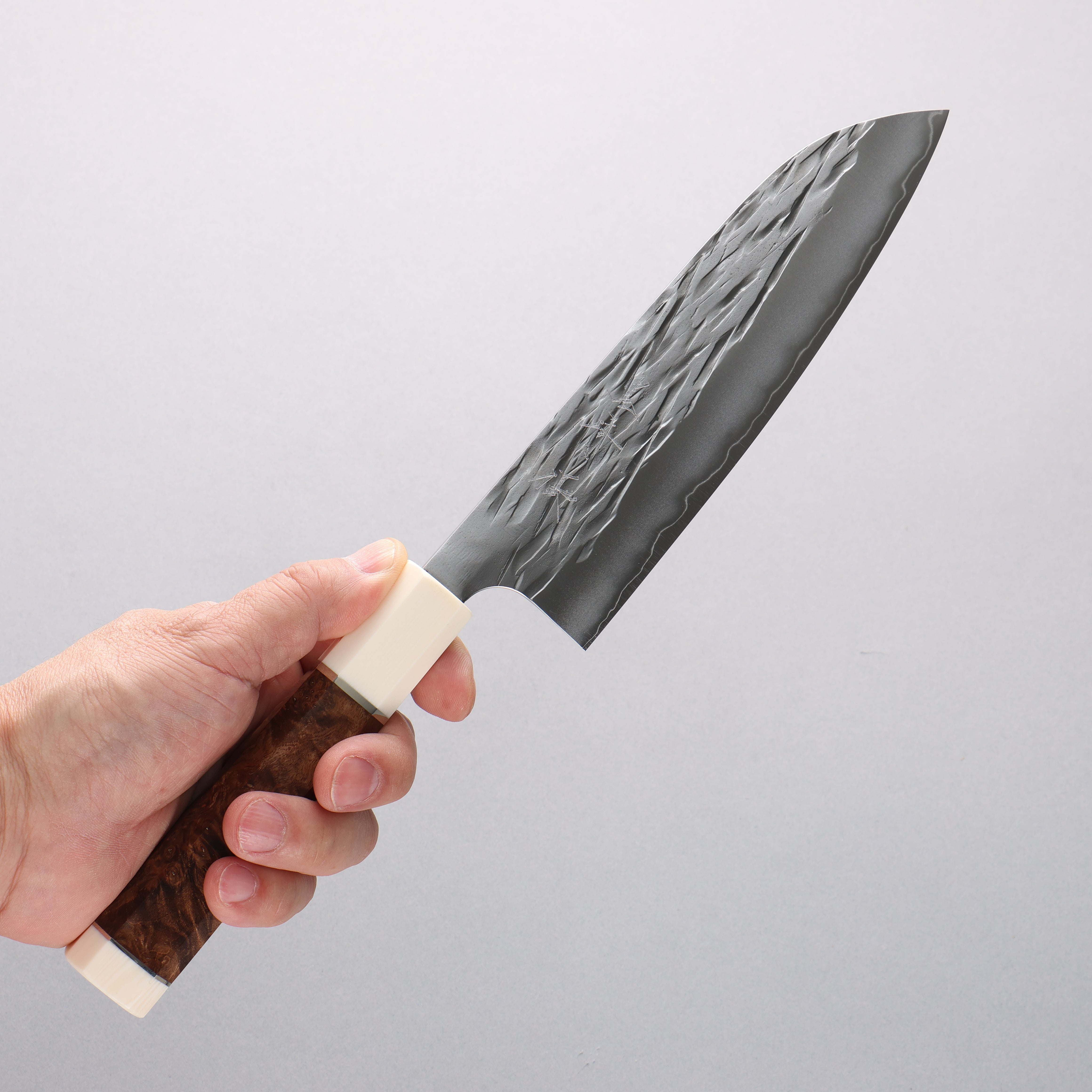 Yu Kurosaki Juhyo Cobalt Special Steel Hammered Santoku 170mm Chinese Quince & White Caps Handle - Seisuke Knife
