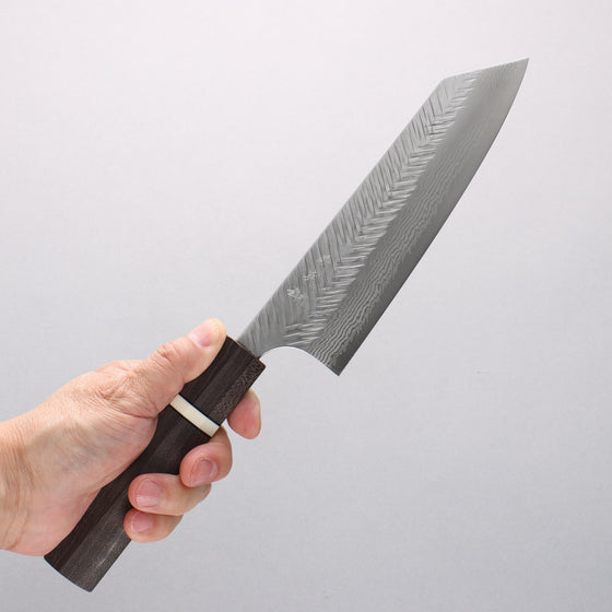 Yoshimi Kato VG10 Damascus Hammered (Narrow V) Bunka 170mm Gray Stabilized Wood (White Ring) Handle - Seisuke Knife