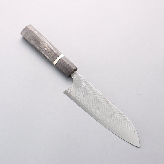 Yoshimi Kato VG10 Damascus Hammered (Narrow V) Santoku 170mm Gray Stabilized Wood (White Ring) Handle - Seisuke Knife