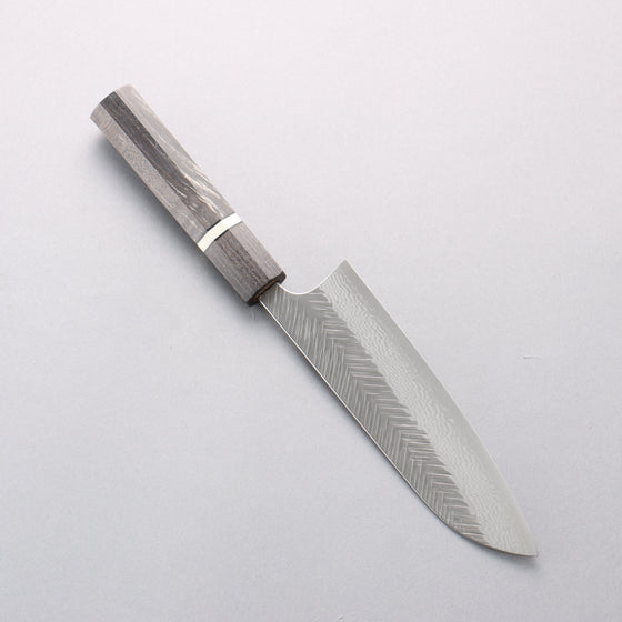 Yoshimi Kato VG10 Damascus Hammered (Narrow V) Santoku 170mm Gray Stabilized Wood (White Ring) Handle - Seisuke Knife