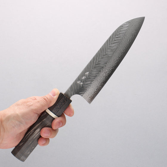 Yoshimi Kato VG10 Damascus Hammered (Narrow V) Santoku 170mm Gray Stabilized Wood (White Ring) Handle - Seisuke Knife