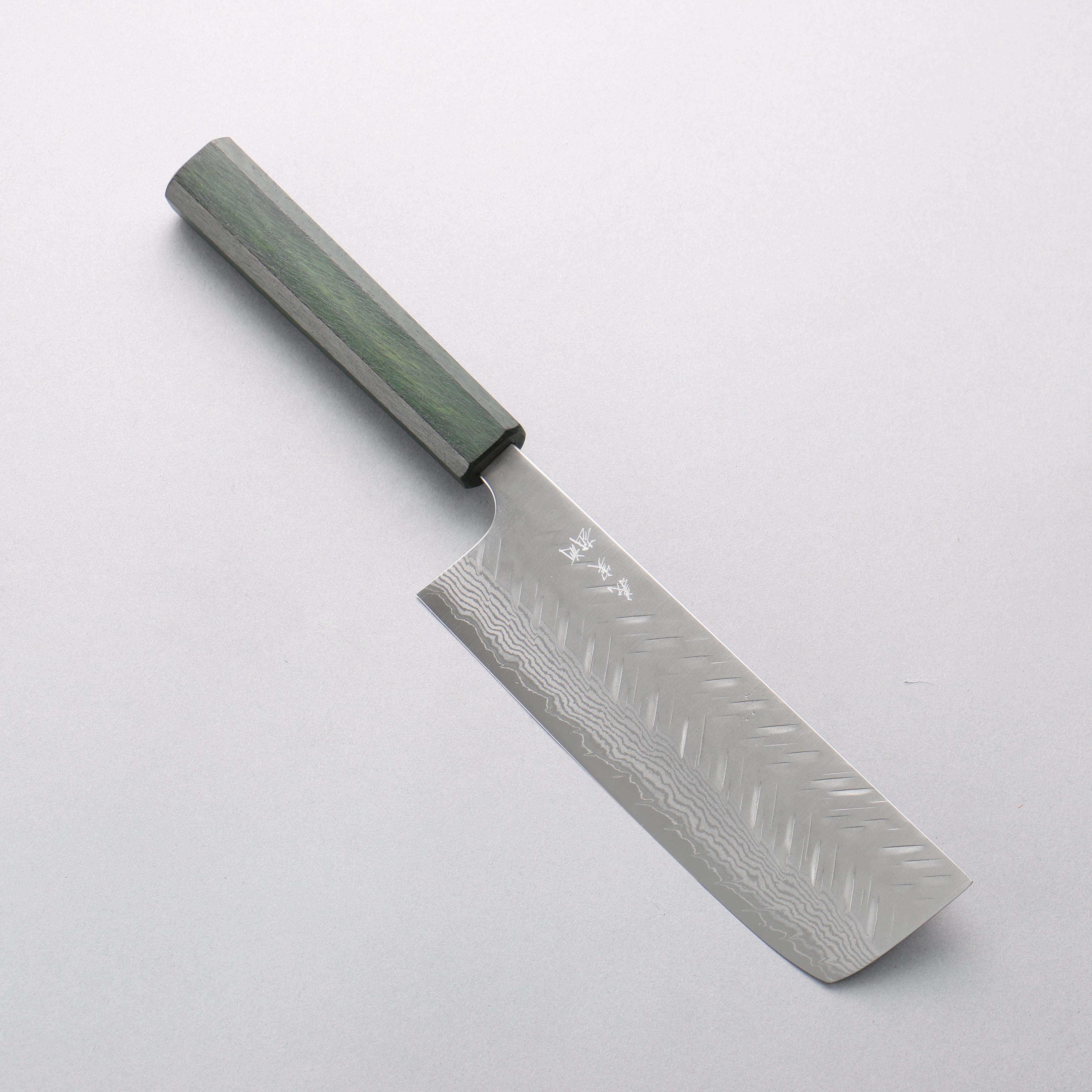 Yoshimi Kato VG10 Damascus V-Hammered Nakiri 165mm Green Lacquered Oak Handle - Seisuke Knife