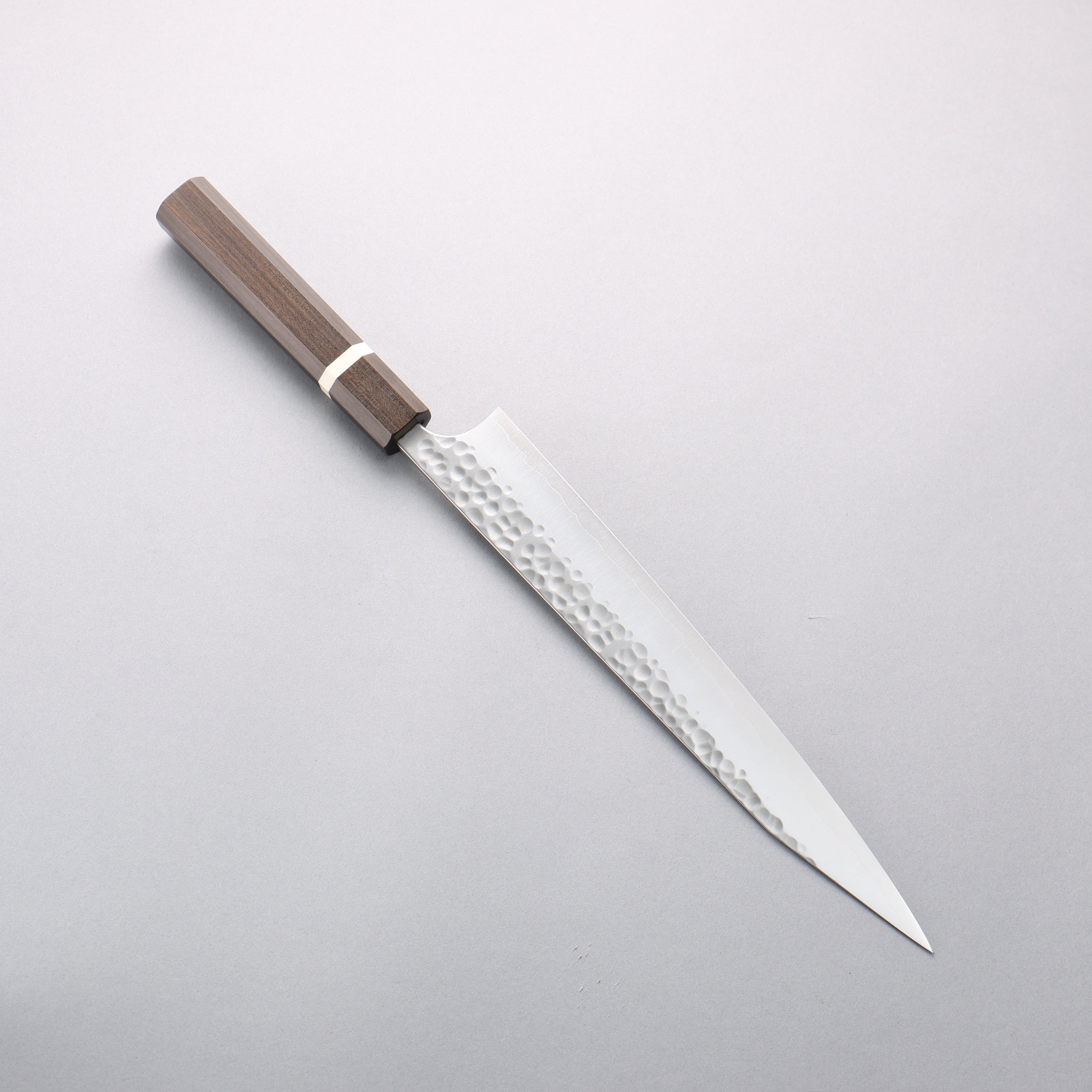 Yoshimi Kato Silver Steel No.3 Hammered(Maru) Migaki Finished Kiritsuke Sujihiki 270mm Sandalwood with White Ring Handle - Seisuke Knife