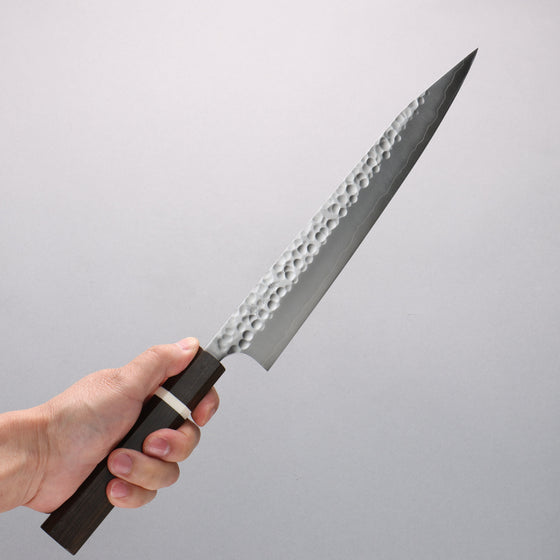 Yoshimi Kato Silver Steel No.3 Hammered(Maru) Migaki Finished Kiritsuke Sujihiki 270mm Sandalwood with White Ring Handle - Seisuke Knife