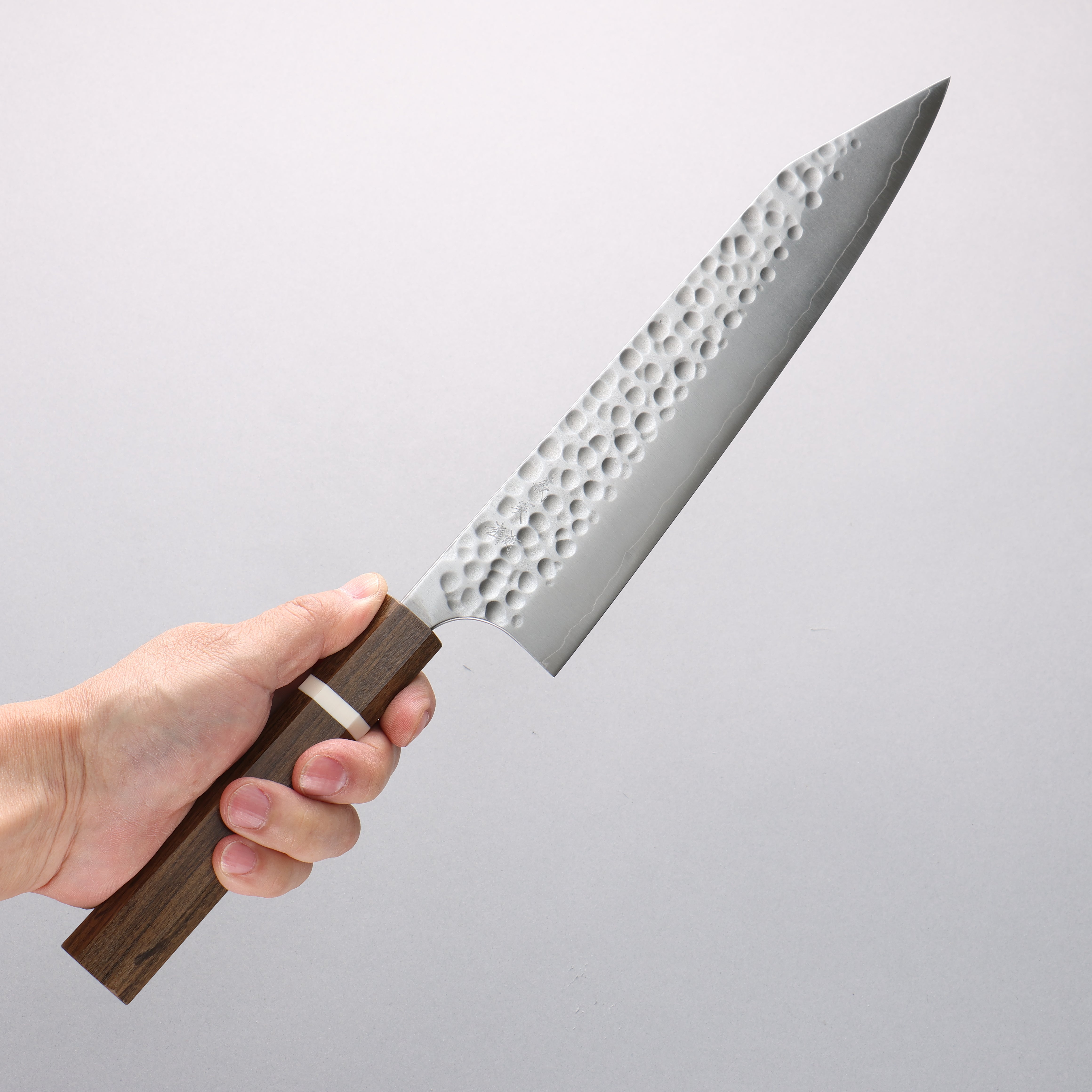 Yoshimi Kato Silver Steel No.3 Hammered(Maru) Migaki Finished Kiritsuke Gyuto 240mm Sandalwood with White Ring Handle - Seisuke Knife