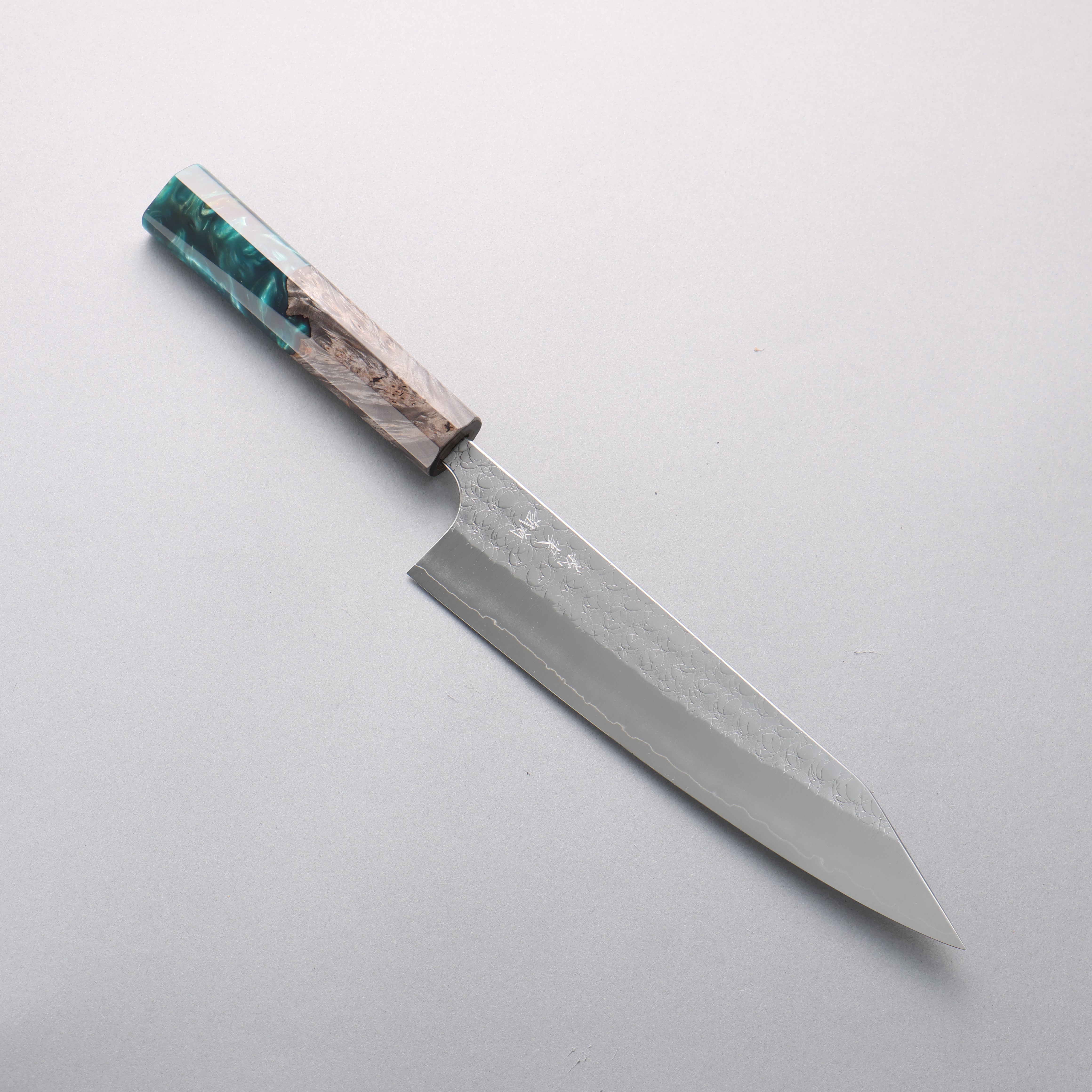 Yoshimi Kato Minamo SG2 Hammered Kiritsuke Gyuto 210mm Black Stabilized Wood and Blue Resin Handle - Seisuke Knife