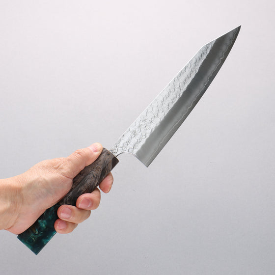 Yoshimi Kato Minamo SG2 Hammered Kiritsuke Gyuto 210mm Black Stabilized Wood and Blue Resin Handle - Seisuke Knife