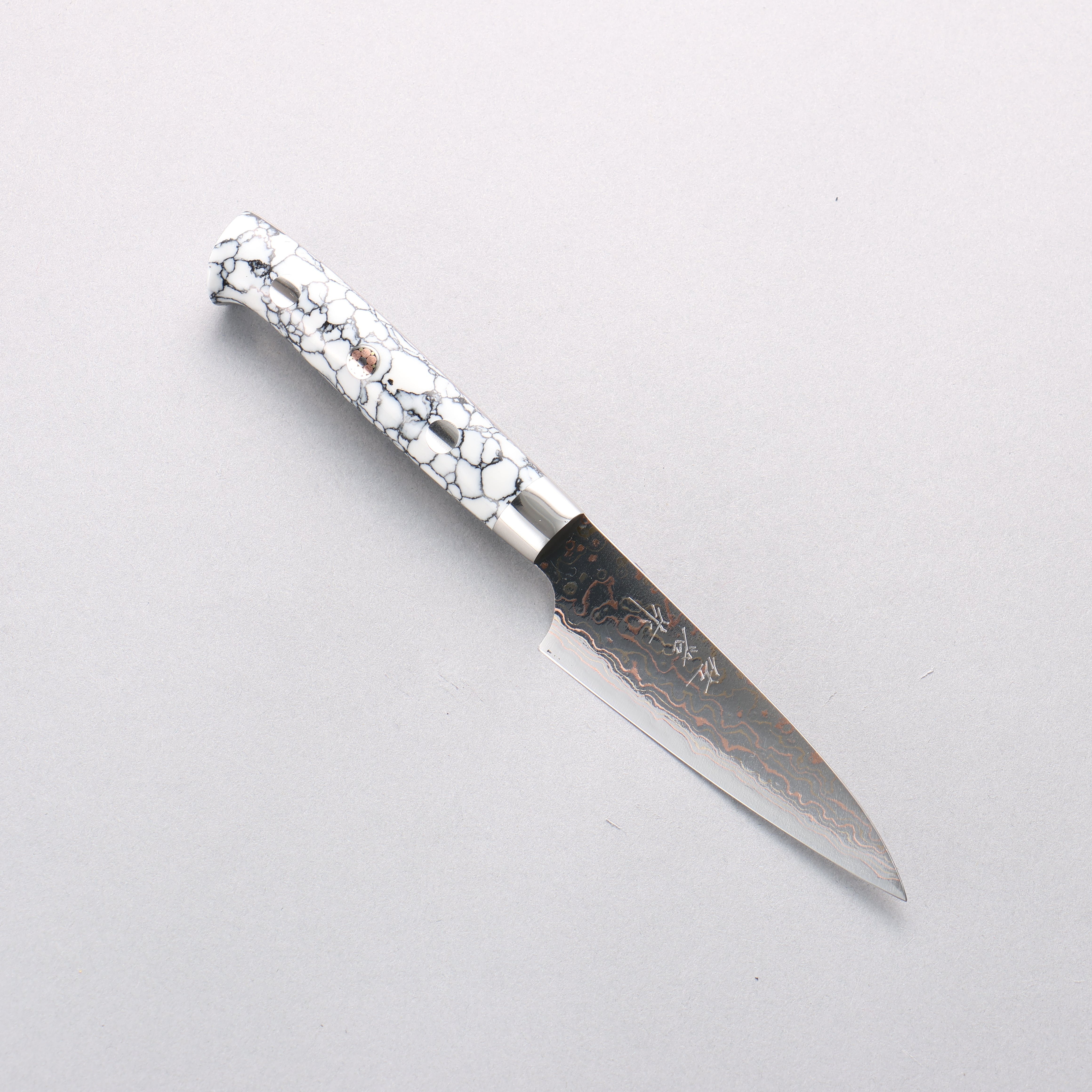 Takeshi Saji VG10w Colored Damascus Migaki Paring 90mm White Turquoise Handle - Seisuke Knife