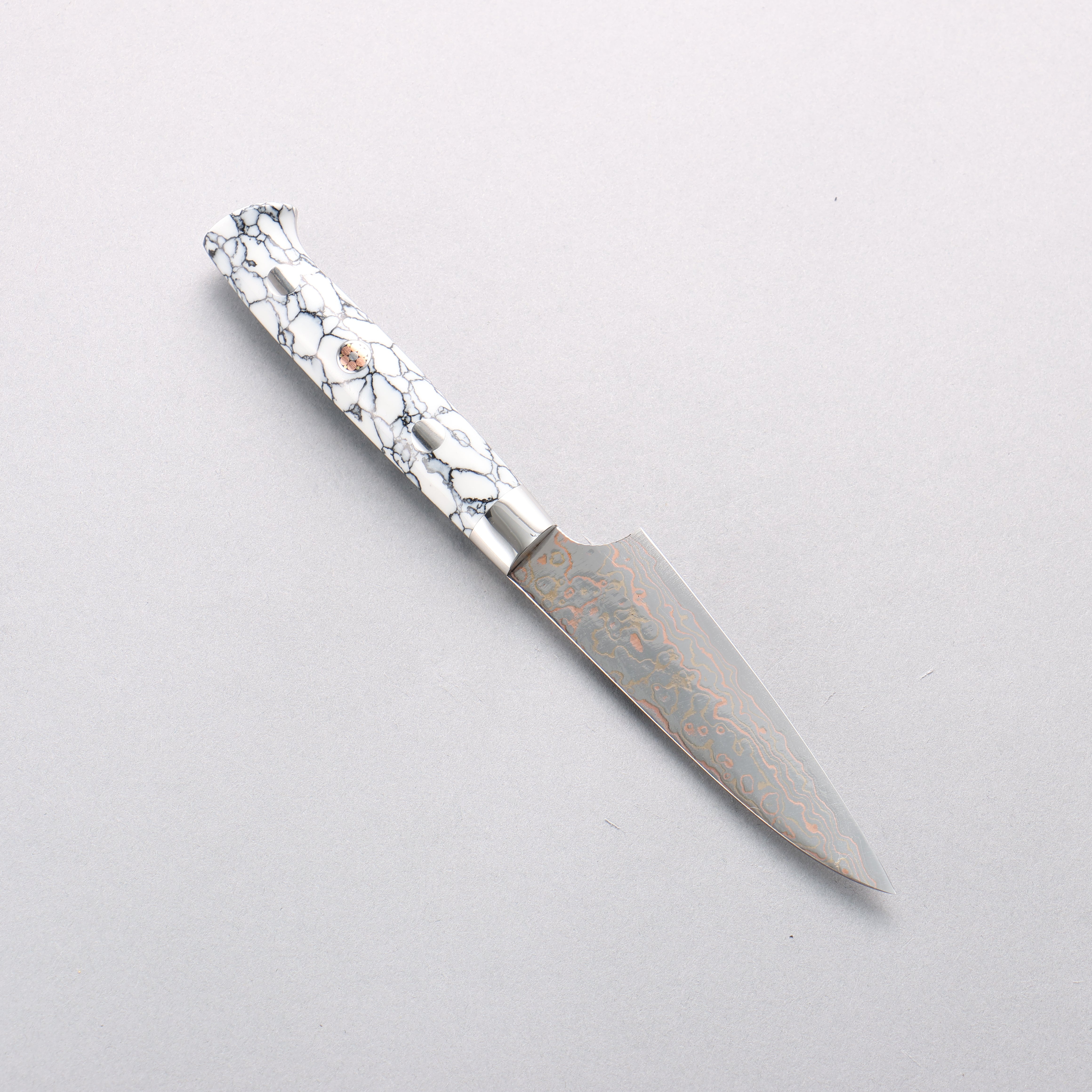 Takeshi Saji VG10w Colored Damascus Migaki Paring 90mm White Turquoise Handle - Seisuke Knife
