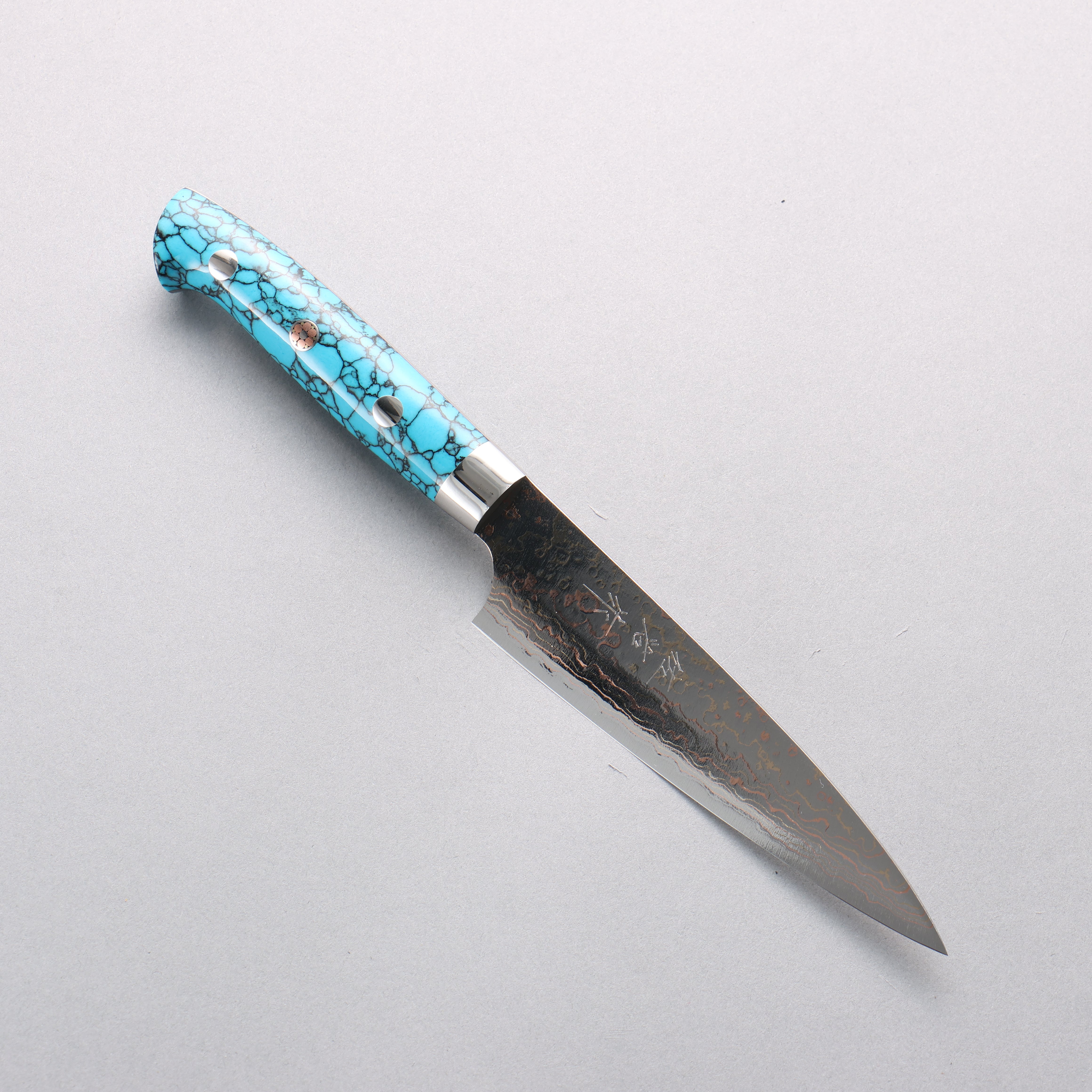 Takeshi Saji VG10w Colored Damascus Migaki Finished Petty-Utility 130mm Blue Turquoise Handle - Seisuke Knife