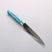  Takeshi Saji VG10w Colored Damascus Migaki Finished Petty-Utility 130mm Blue Turquoise Handle - Seisuke Knife
