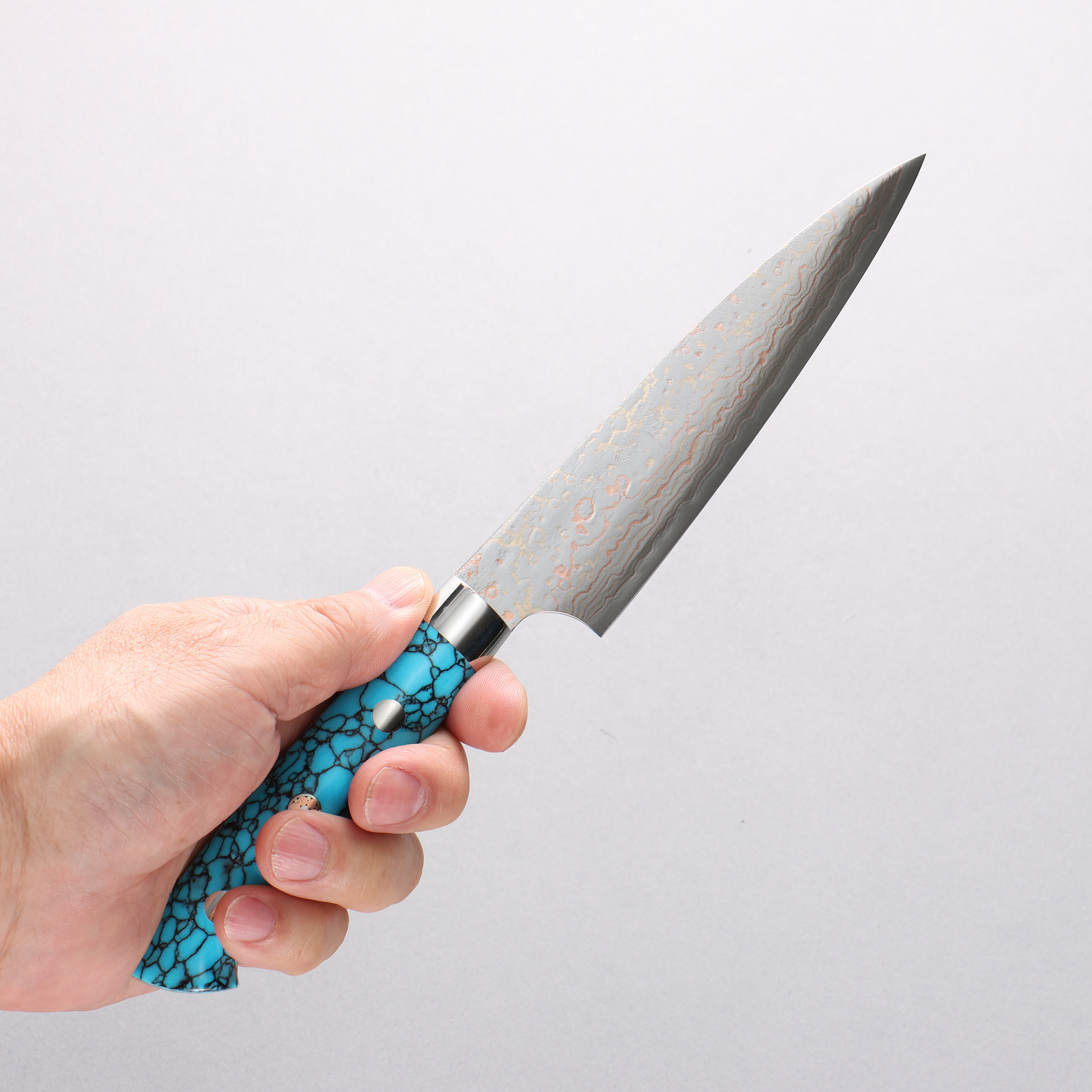 Takeshi Saji VG10w Colored Damascus Migaki Finished Petty-Utility 130mm Blue Turquoise Handle - Seisuke Knife