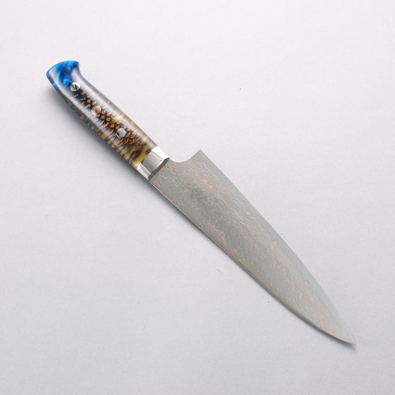 Takeshi Saji VG10w Colored Damascus Migaki Finished Gyuto 180mm Pine Cone & Blue Acrylic Handle - Seisuke Knife