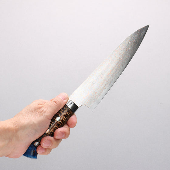 Takeshi Saji VG10w Colored Damascus Migaki Finished Gyuto 180mm Pine Cone & Blue Acrylic Handle - Seisuke Knife