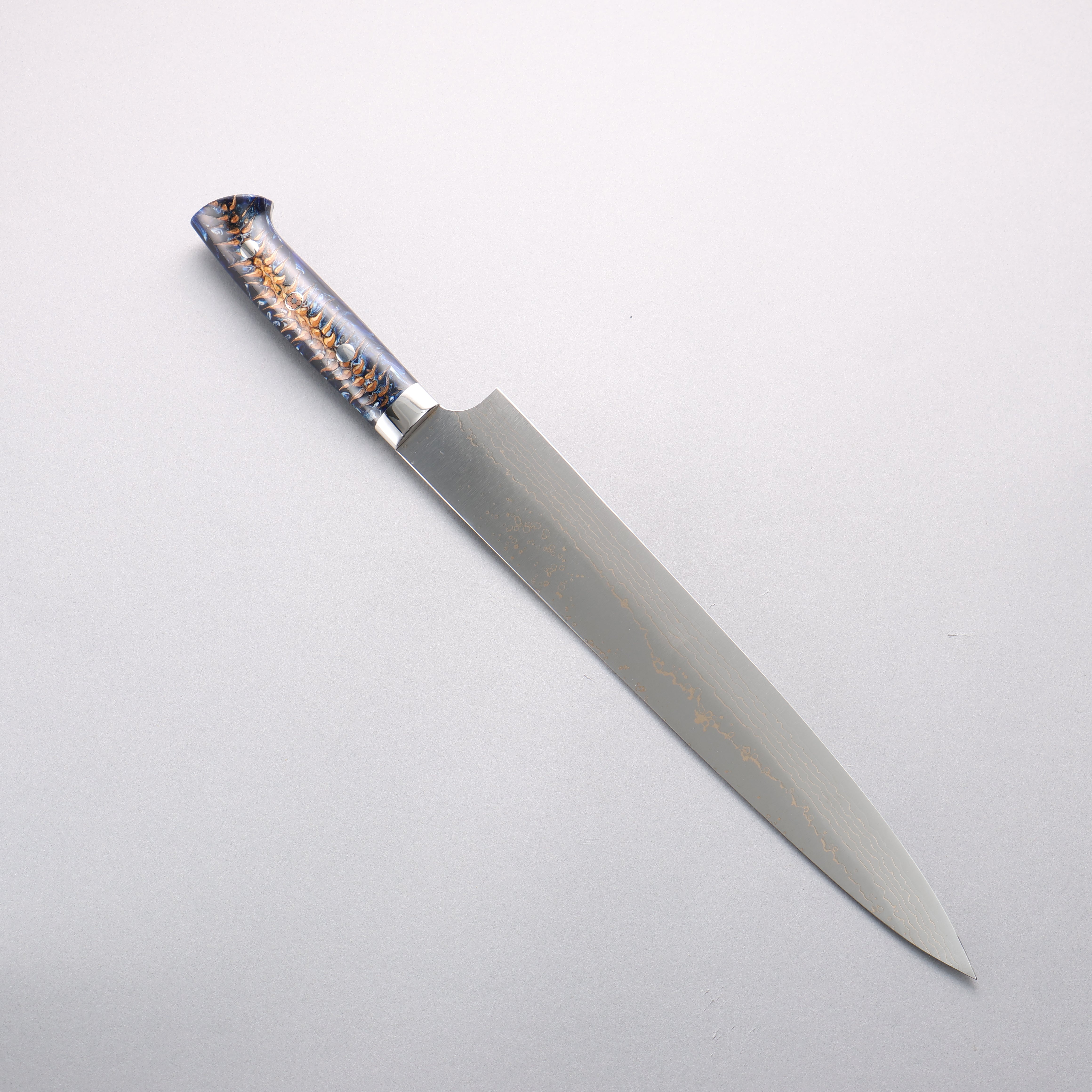 Takeshi Saji VG10w Colored Damascus Migaki Finished Sujihiki 270mm Pine Cone & Blue Acrylic Handle - Seisuke Knife