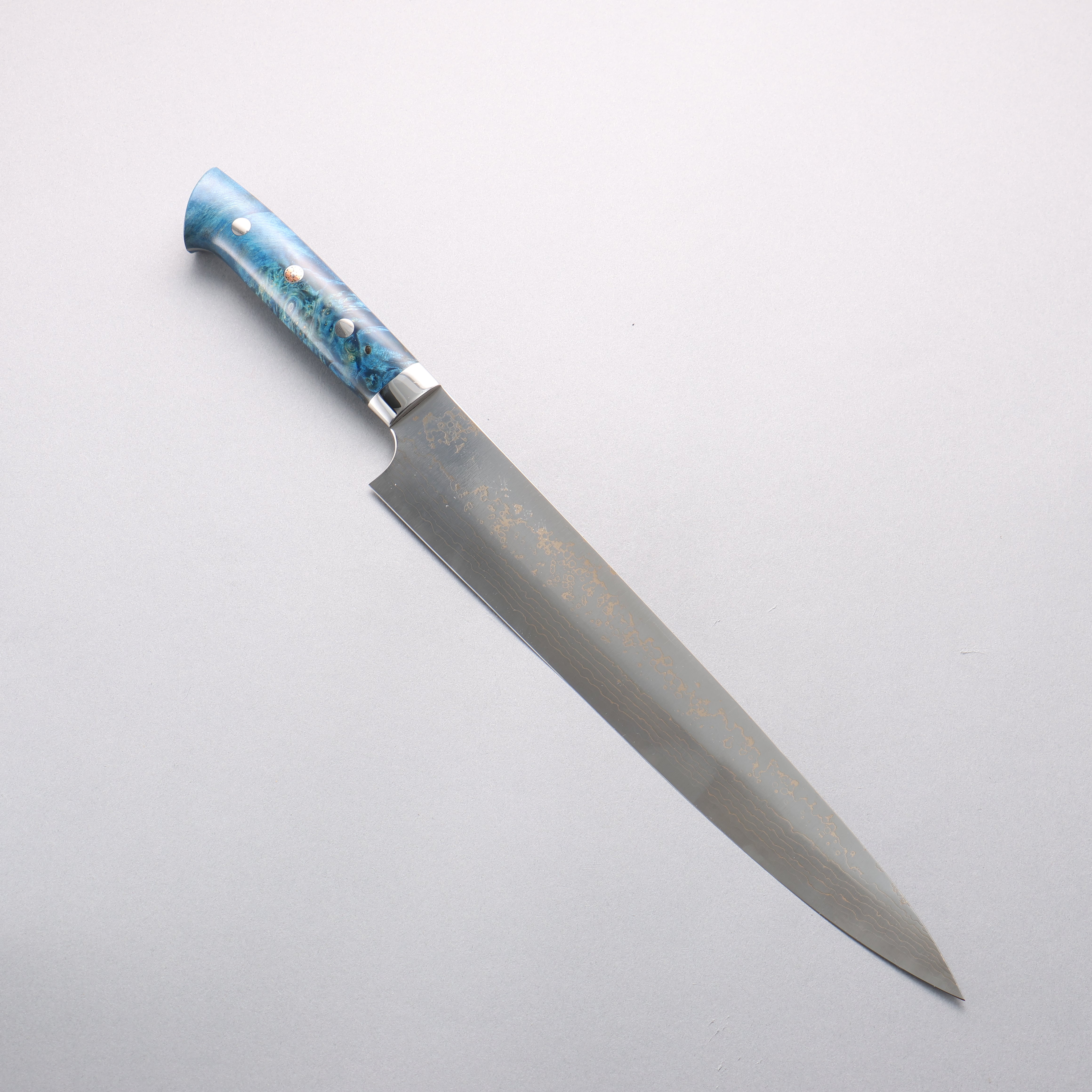 Takeshi Saji VG10w Gold Colored Damascus Migaki Finished Gyuto 270mm Blue Acrylic Handle - Seisuke Knife