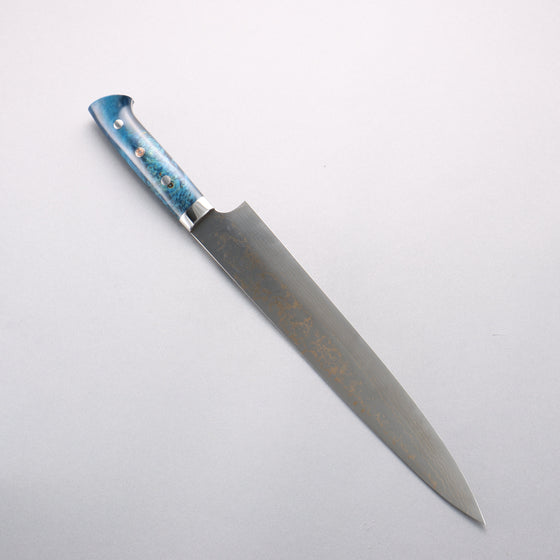 Takeshi Saji VG10w Gold Colored Damascus Migaki Finished Gyuto 270mm Blue Acrylic Handle - Seisuke Knife