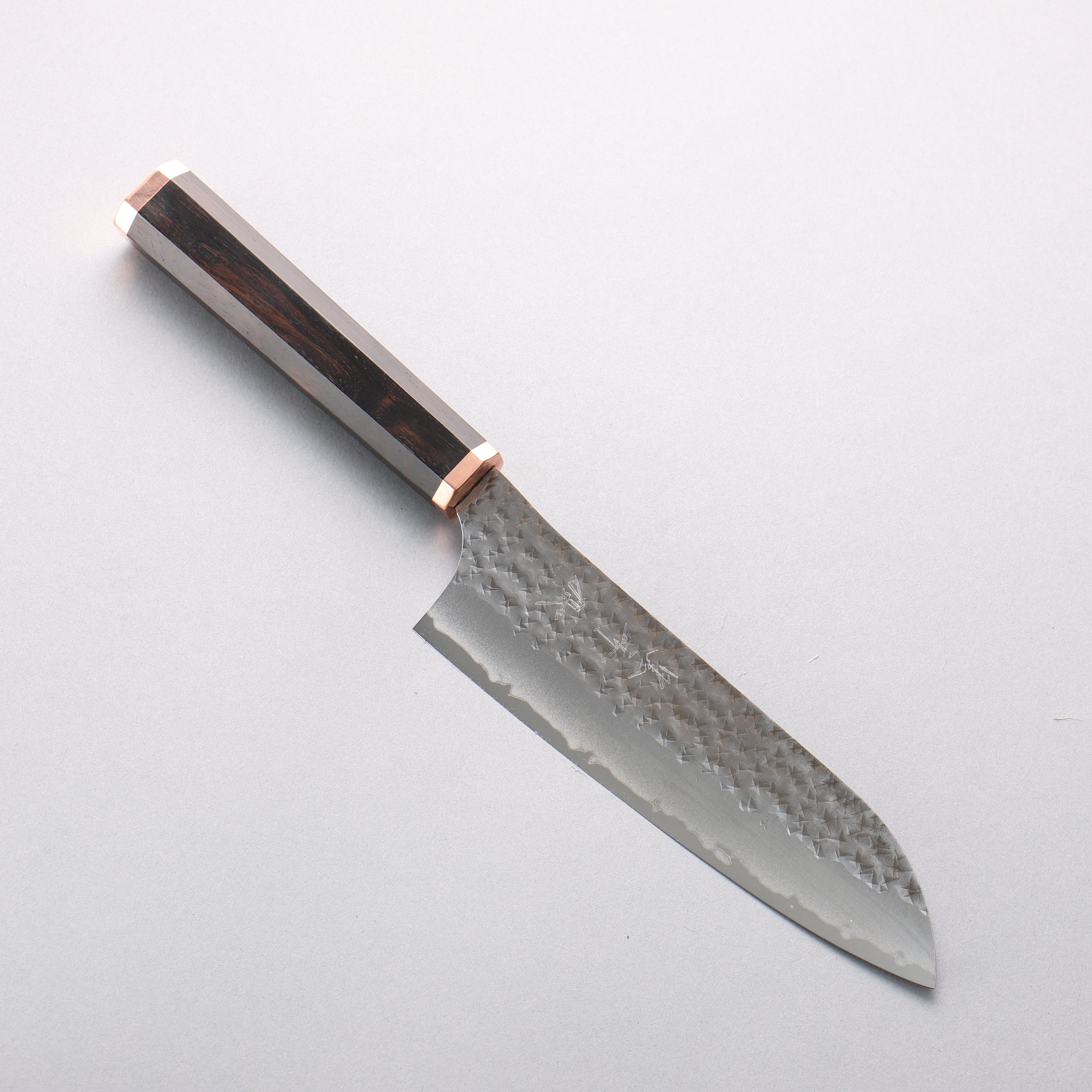 Yu Kurosaki Senko Ryu Blue Super Hammered Black Finished Santoku 170mm Ebony (Copper Ferrule and End Cap) Handle - Seisuke Knife