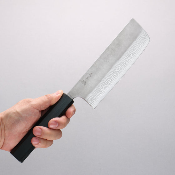 Yoshimi Kato VG10 Damascus Nashiji Nakiri 165mm Oak (Indigo Dyed) Handle - Seisuke Knife