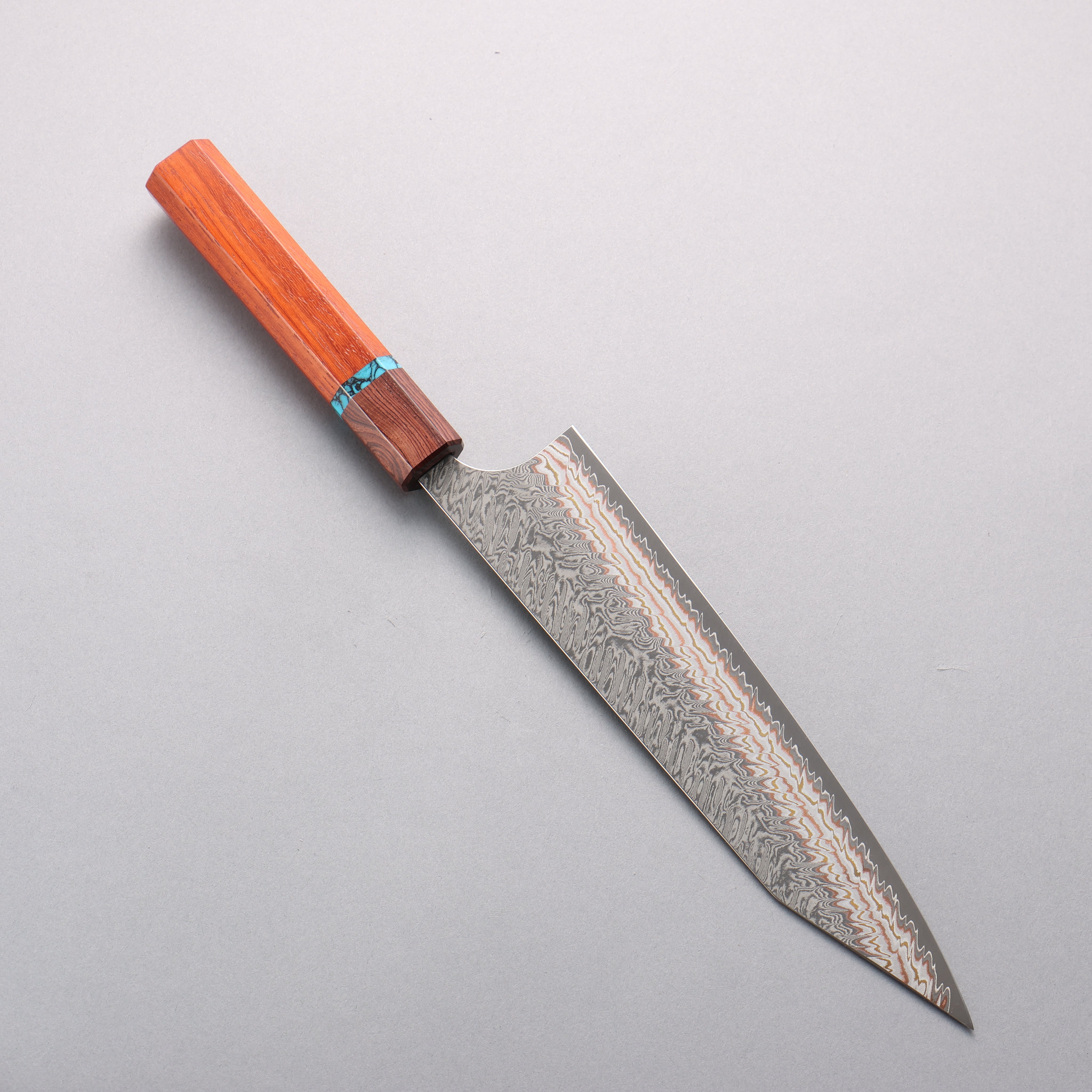 Yoshimi Kato VG10w Colored Damascus Kiritsuke Gyuto 210mm Padoauk(Turquoise Ring) Handle - Seisuke Knife