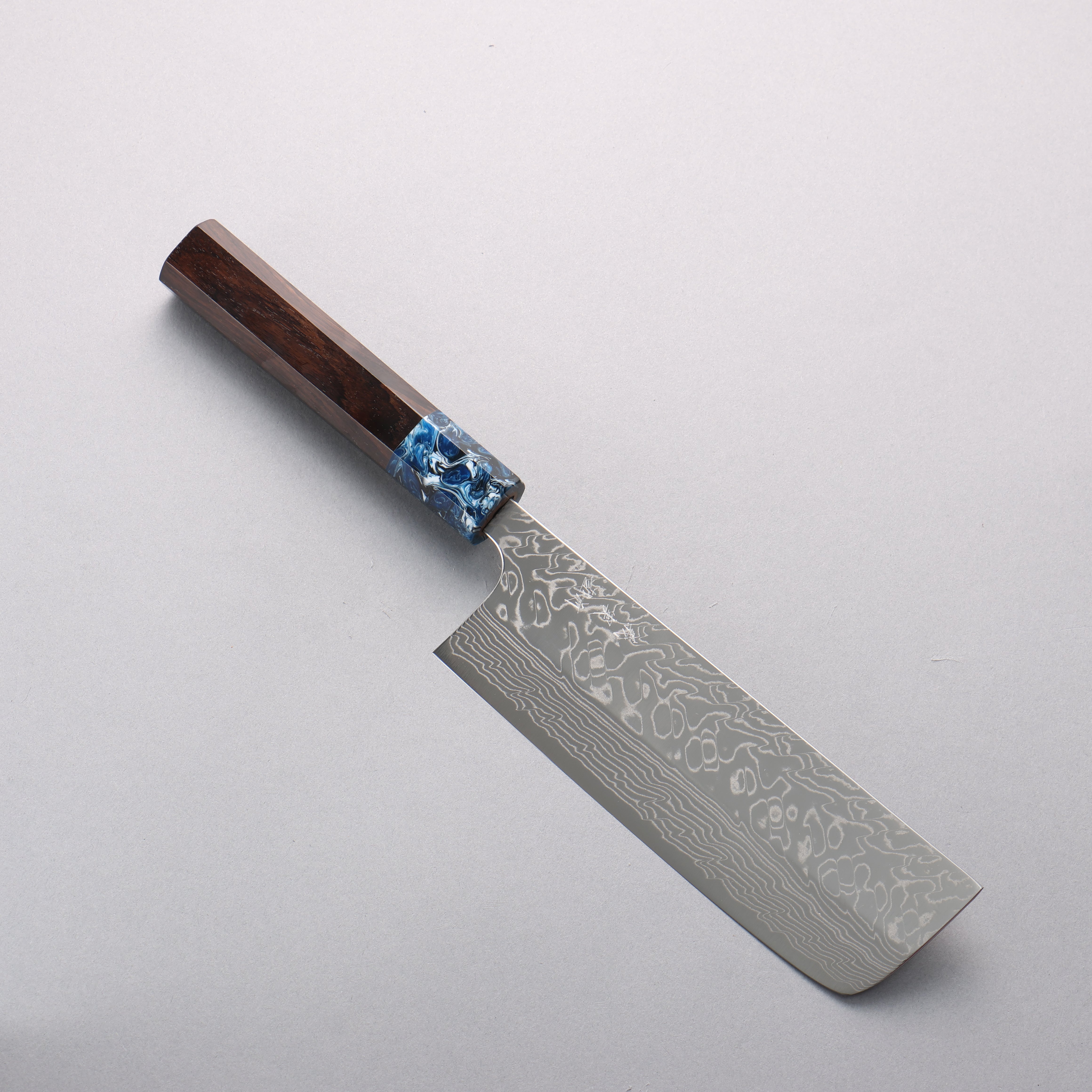 Yoshimi Kato SG2 Damascus Migaki Nakiri 165mm Ebony Wood & Blue Marble Resin Handle - Seisuke Knife