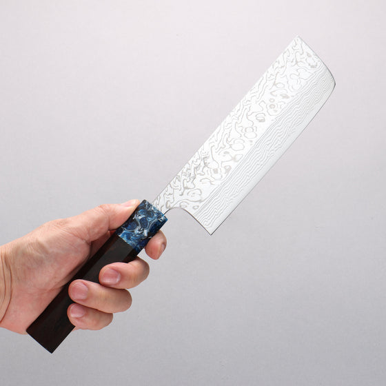 Yoshimi Kato SG2 Damascus Migaki Finished Nakiri 165mm Ebony (ferrule: Blue Marble Resin) Handle - Seisuke Knife