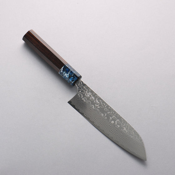 Yoshimi Kato SG2 Damascus Migaki Polish Finish Santoku 170mm Ebony (ferrule: Blue Marble Resin) Handle - Seisuke Knife