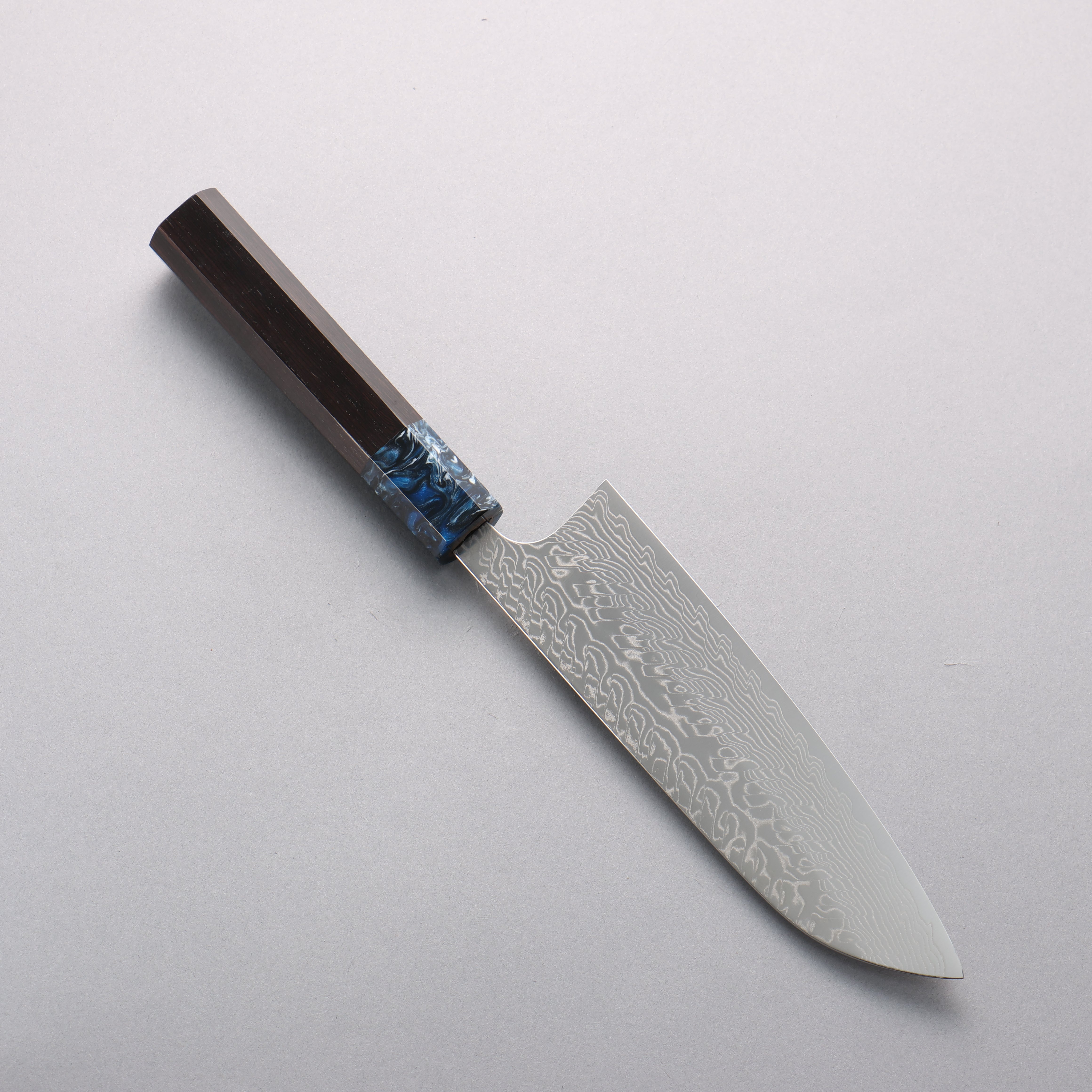 Yoshimi Kato SG2 Damascus Migaki Polish Finish Santoku 170mm Ebony (ferrule: Blue Marble Resin) Handle - Seisuke Knife