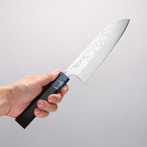 Yoshimi Kato SG2 Damascus Migaki Polish Finish Santoku 170mm Ebony (ferrule: Blue Marble Resin) Handle - Seisuke Knife
