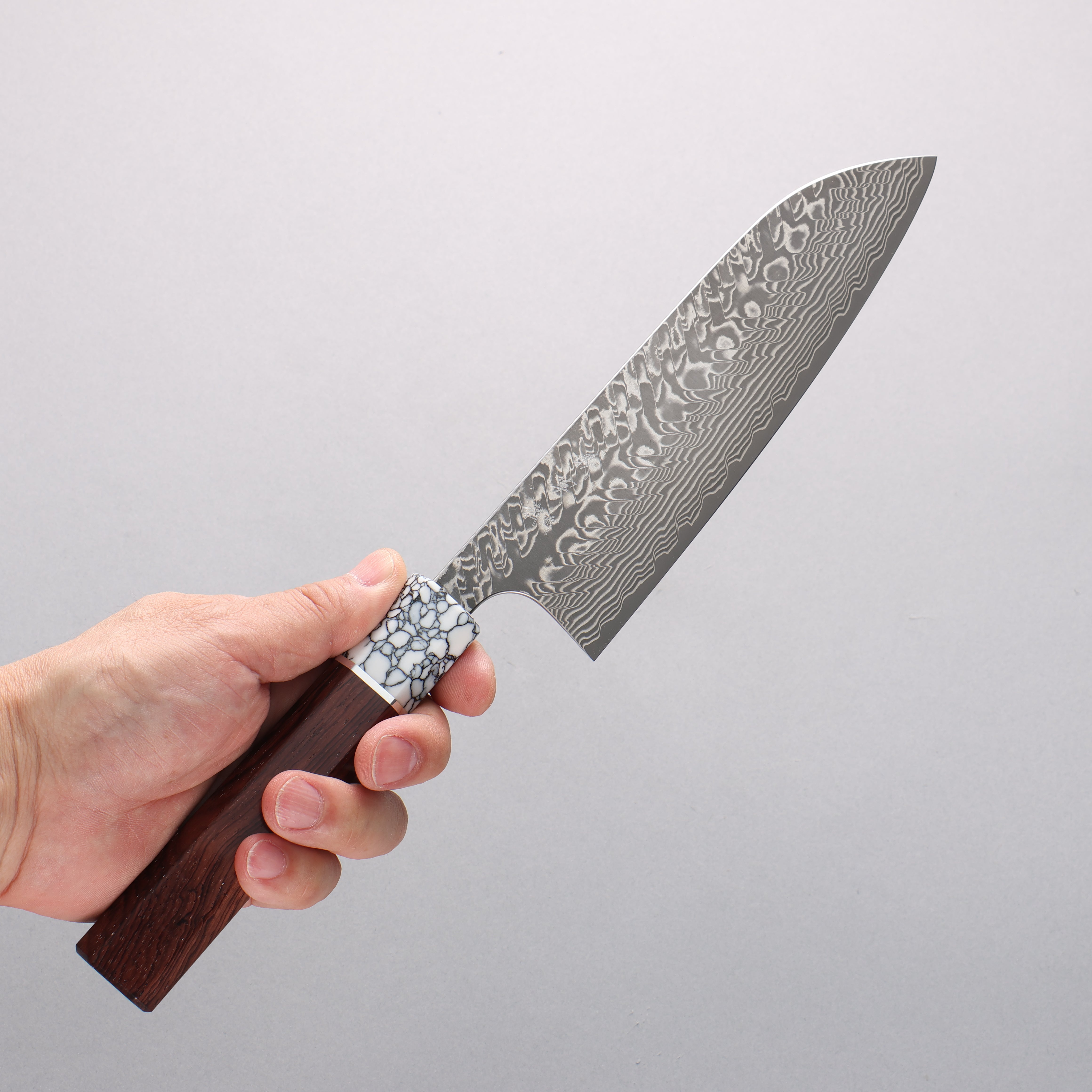 Yoshimi Kato SG2 Black Damascus Santoku 170mm Rosewood (Ferrule: White Turquoise) Handle - Seisuke Knife
