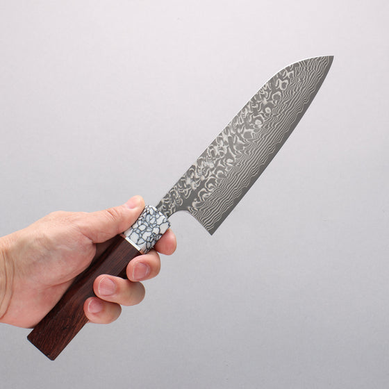 Yoshimi Kato SG2 Black Damascus Santoku 170mm Rosewood (Ferrule: White Turquoise) Handle - Seisuke Knife