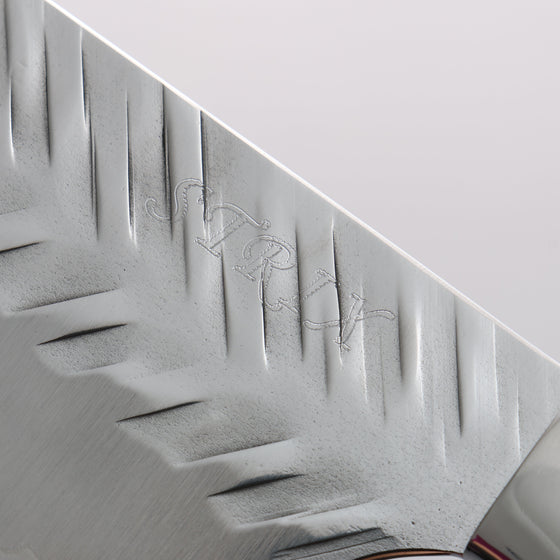 Yoshimi Kato SPG STRIX Hammered (V) Kiritsuke Gyuto 210mm Red White Black Acrylic Handle - Seisuke Knife