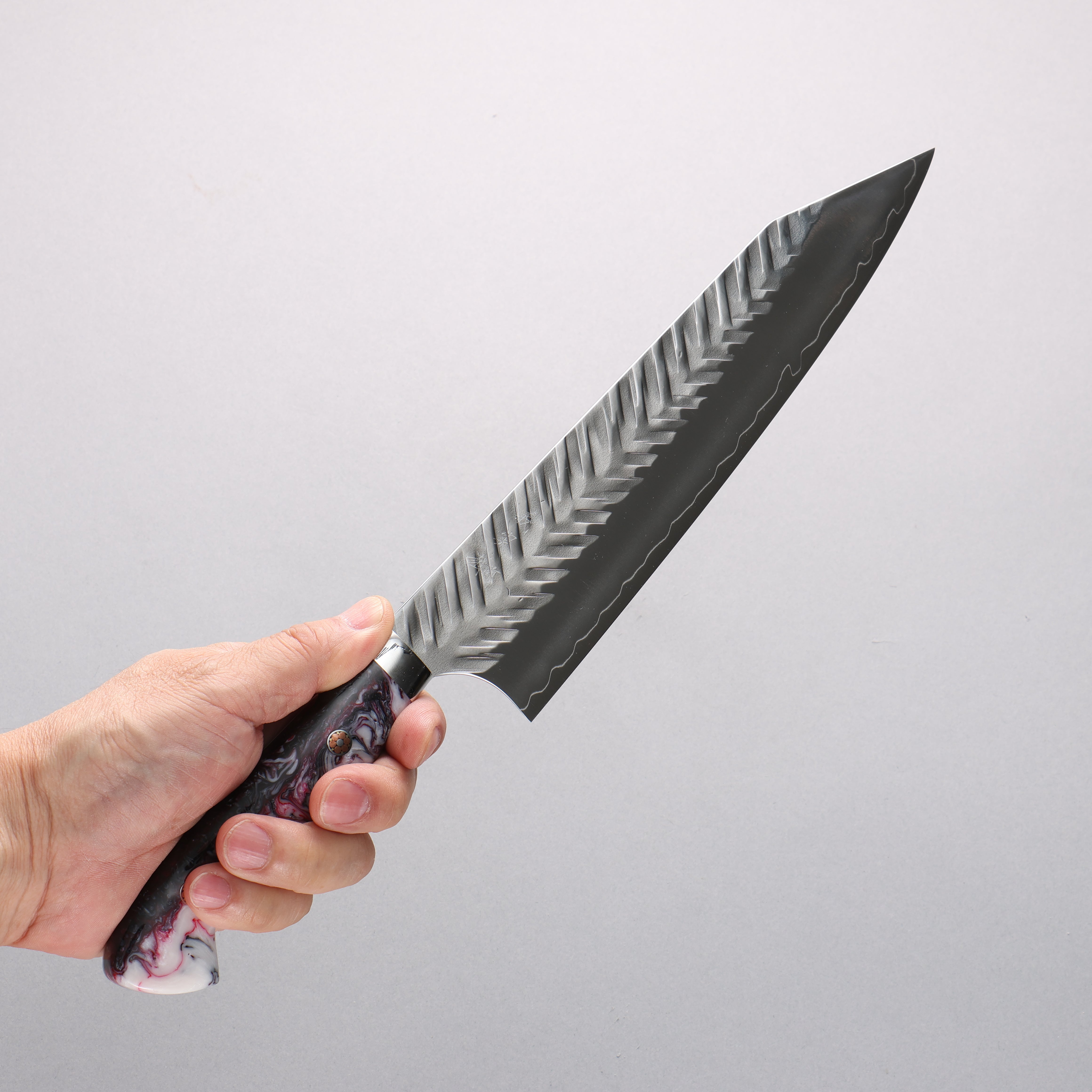 Yoshimi Kato SPG STRIX Hammered (V) Kiritsuke Gyuto 210mm Red White Black Acrylic Handle - Seisuke Knife