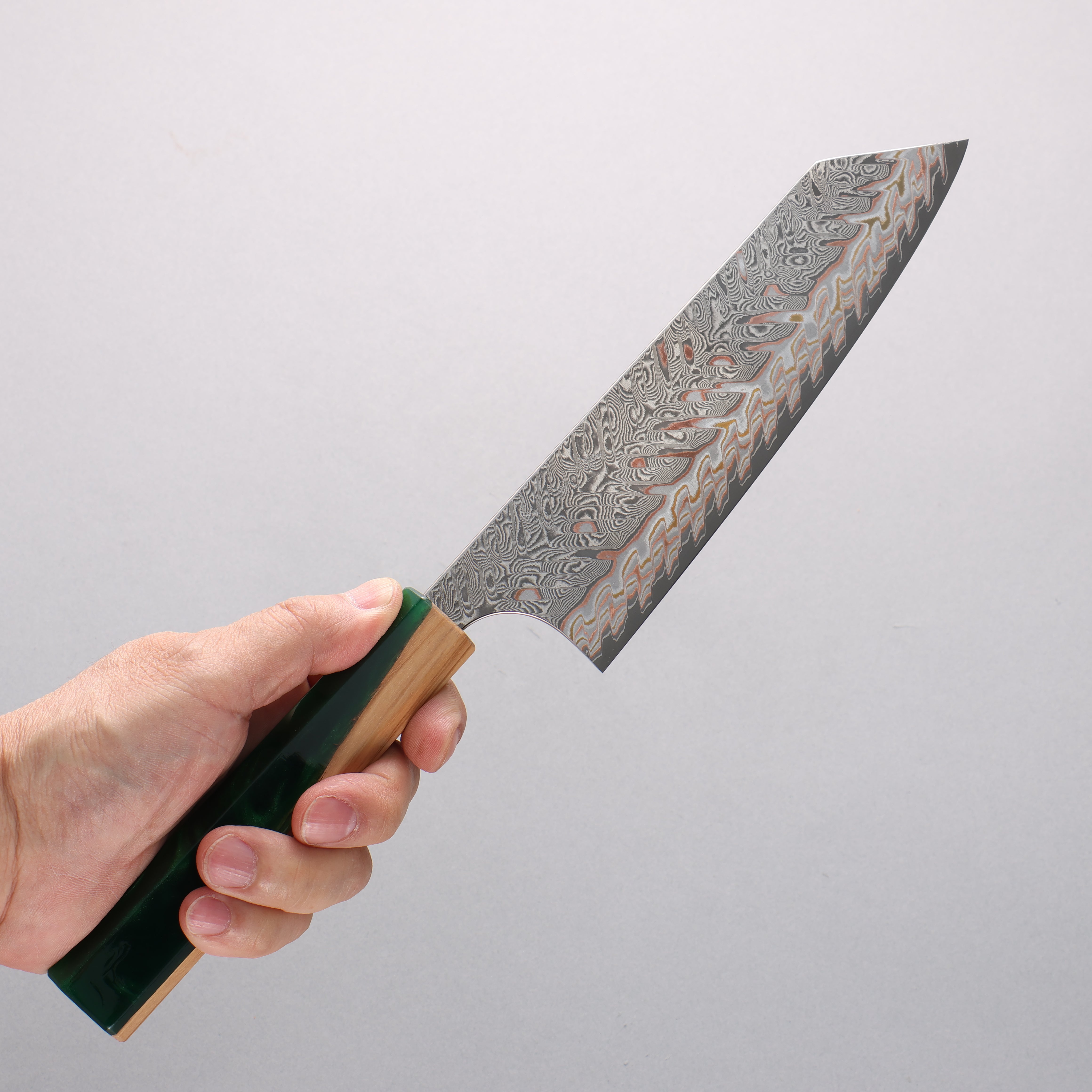 Yoshimi Kato VG10w Colored Damascus Bunka 170mm Olive Tree and Green Resin Handle - Seisuke Knife