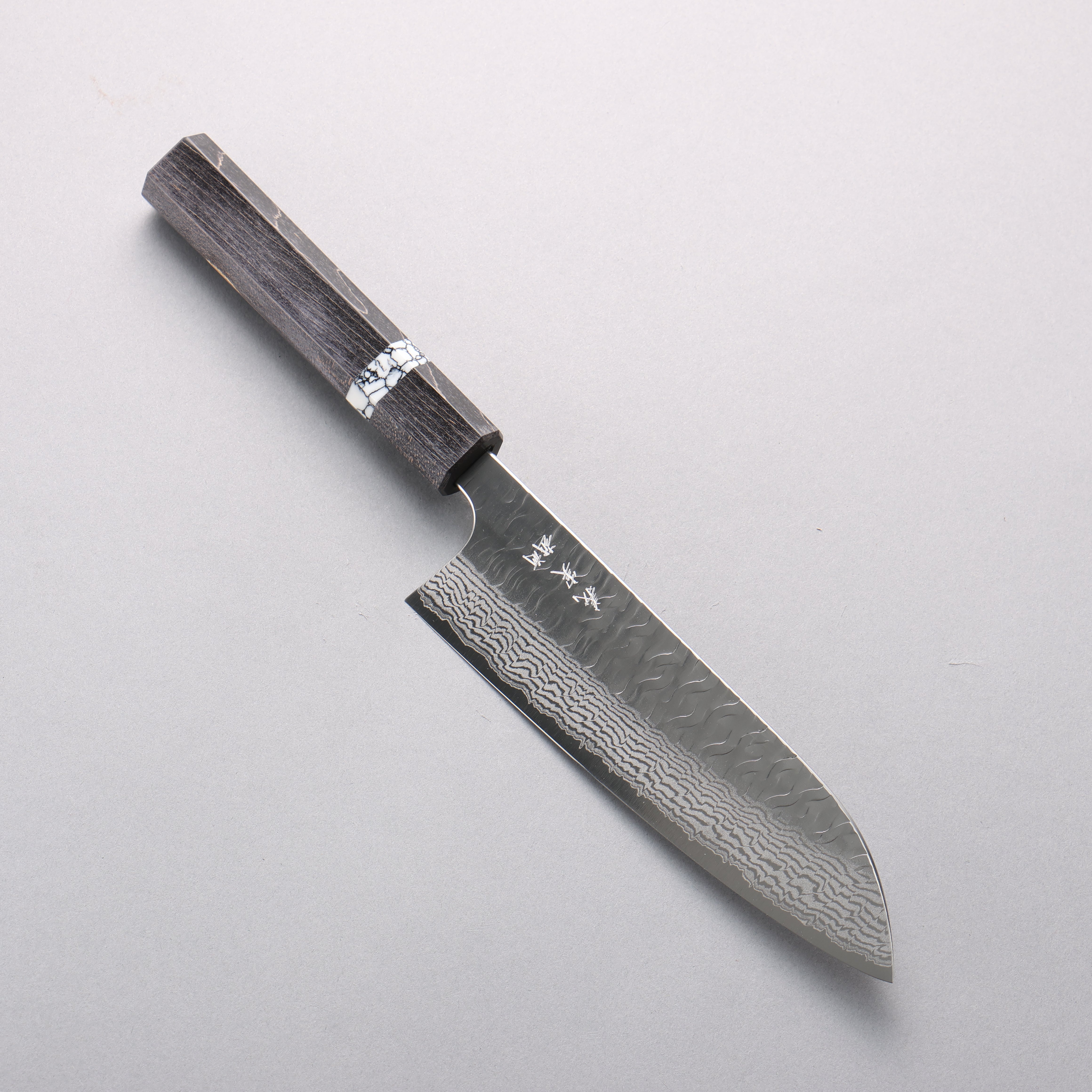 Yoshimi Kato Nami VG-XEOS Hammered Damascus Santoku 170mm Black Stabilized Wood (White Turquoise Ring) Handle - Seisuke Knife