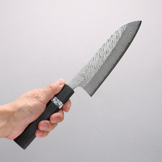 Yoshimi Kato Nami VG-XEOS Hammered Damascus Santoku 170mm Black Stabilized Wood (White Turquoise Ring) Handle - Seisuke Knife