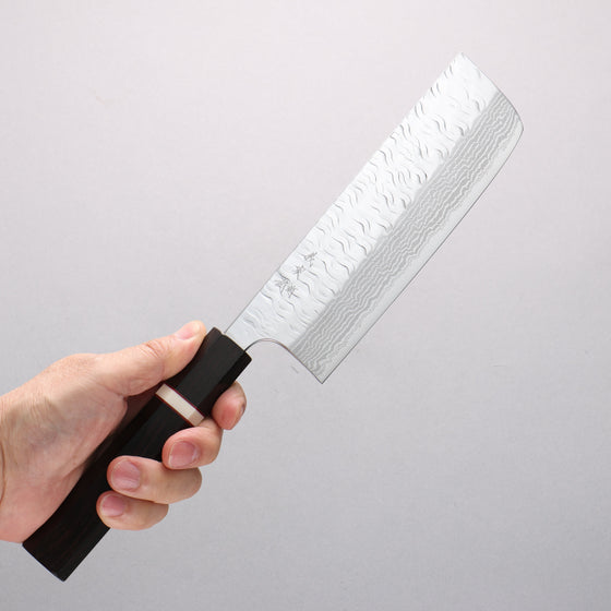 Yoshimi Kato Nami VG-XEOS Hammered Damascus Nakiri 165mm Ebony (White Ring) Handle - Seisuke Knife