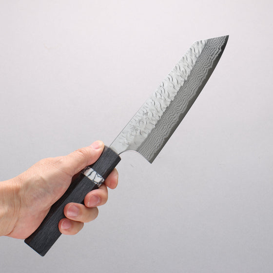 Yoshimi Kato Nami VG-XEOS Hammered Damascus Bunka 170mm Black Stabilized Wood (White Turquoise Ring) Handle - Seisuke Knife