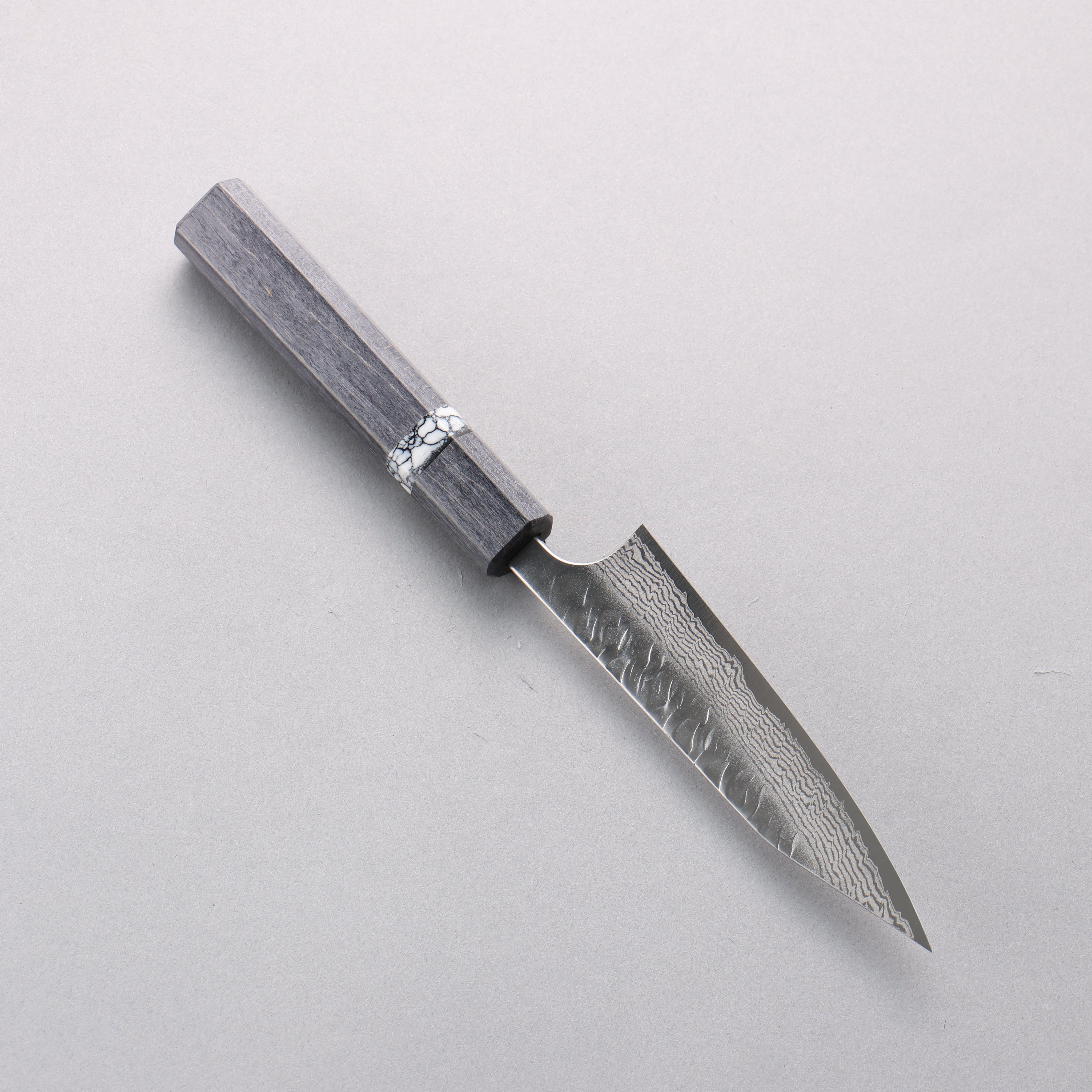 Yoshimi Kato Nami VG-XEOS Hammered Damascus Kiritsuke Petty-Utility 120mm Black Stabilized Wood (White Turquoise Ring) Handle - Seisuke Knife