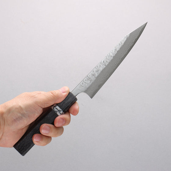 Yoshimi Kato Nami VG-XEOS Hammered Damascus Kiritsuke Petty-Utility 150mm Black Stabilized Wood (White Turquoise Ring) Handle - Seisuke Knife