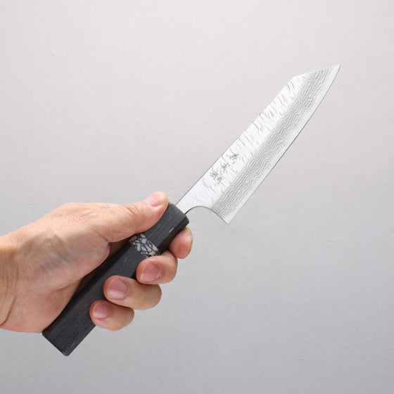 Yoshimi Kato Nami VG-XEOS Hammered Damascus Small Bunka 130mm Black Stabilized Wood (White Turquoise Ring) Handle - Seisuke Knife