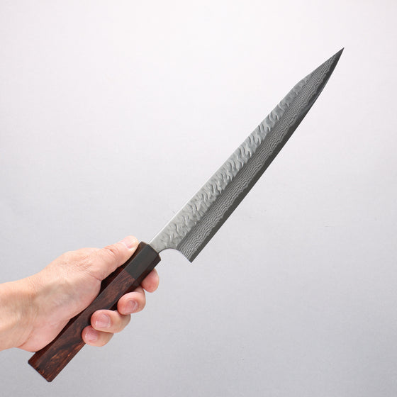 Yoshimi Kato Nami VG-XEOS Hammered Damascus Kiritsuke Sujihiki 270mm Rosewood (Ferrule: Ebony) Handle - Seisuke Knife