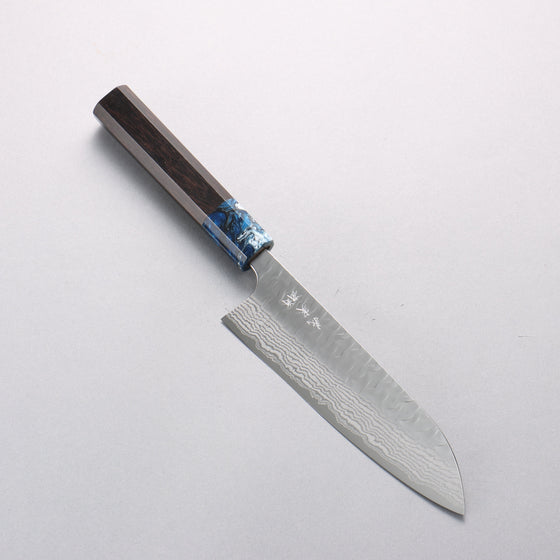 Yoshimi Kato Nami VG-XEOS Hammered Damascus Santoku 170mm Ebony (ferrule: Blue Marble Resin) Handle - Seisuke Knife
