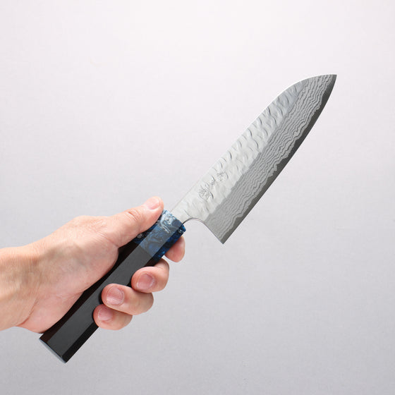 Yoshimi Kato Nami VG-XEOS Hammered Damascus Santoku 170mm Ebony (ferrule: Blue Marble Resin) Handle - Seisuke Knife