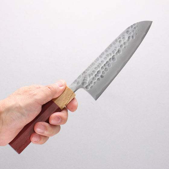 Anryu Blue Super Hammered Migaki Finished Small Santoku 150mm Purpleheart (Ferrule: Oak) Handle - Seisuke Knife