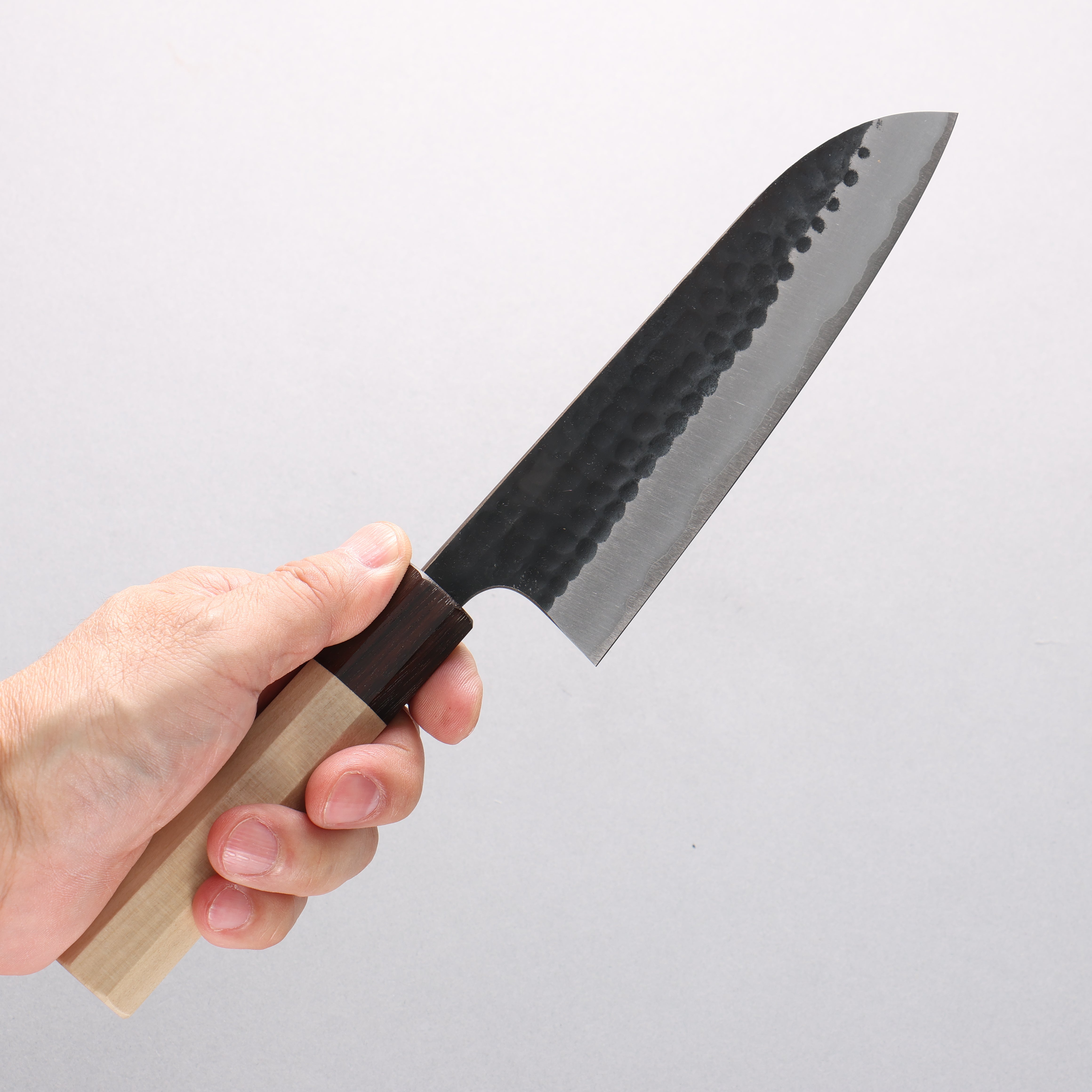 Anryu Blue Super Hammered Black Finished Small Santoku 150mm Magnolia (Ferrule: Ebony) Handle - Seisuke Knife