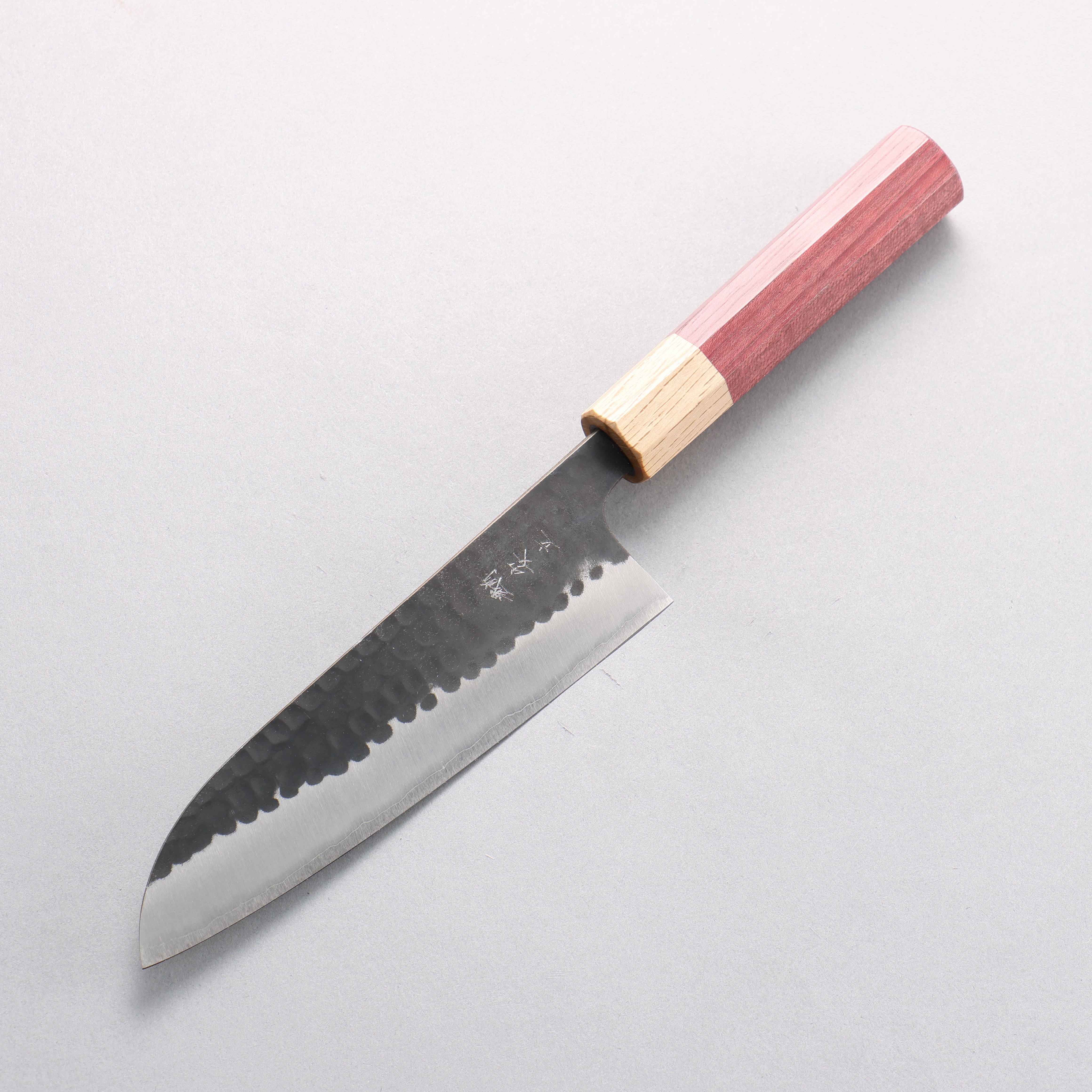 Anryu Blue Super Hammered Black Finished Small Santoku 150mm Purpleheart (Ferrule: Oak) Handle - Seisuke Knife